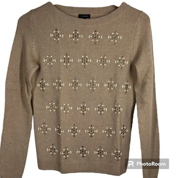 Women's TALBOTS Sweater Beige Rhinestones Size S - Picture 3 of 6